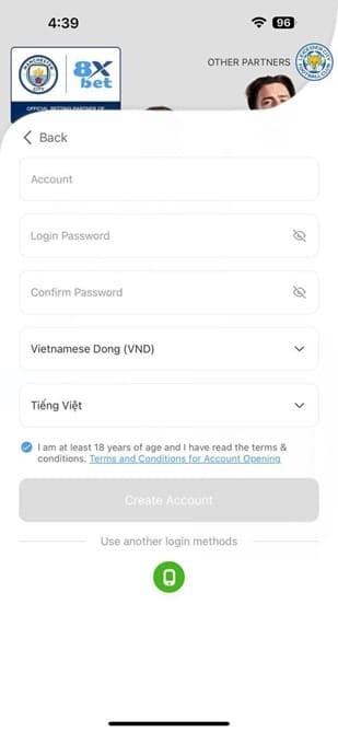 Màn hình yêu cầu người dùng điền thông tin cá nhân vào biểu mẫu đăng ký 8xbet